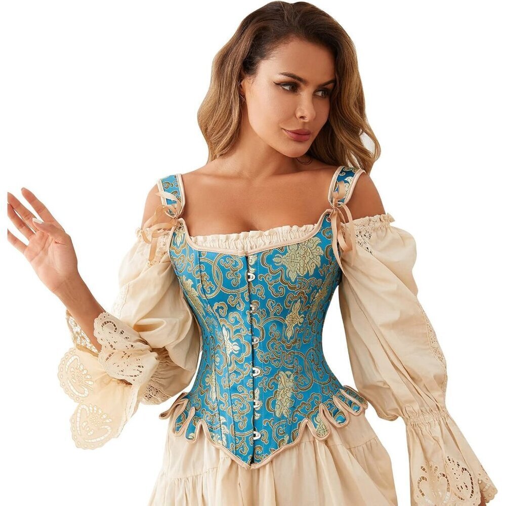 🆕Women First Blue/Gold Victorian Vintage Brocade Lace Up Overbust Corset